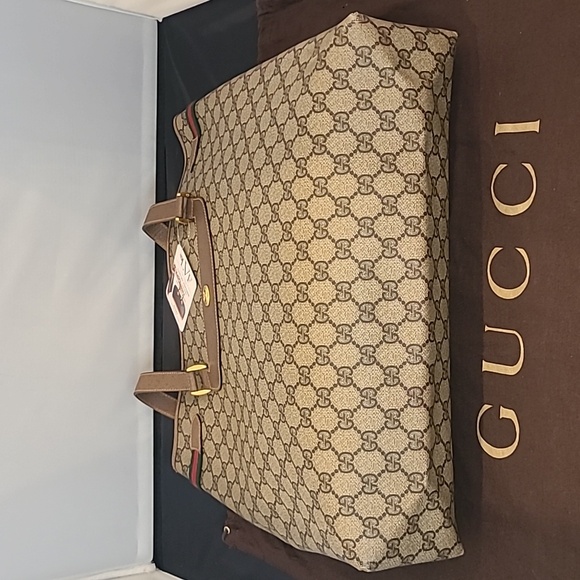 GUCCI ACCESSORIES VINTAGE 70'S WEB SHERRY COATED CANVAS TOTE BAG W SERIAL# - Picture 14 of 17